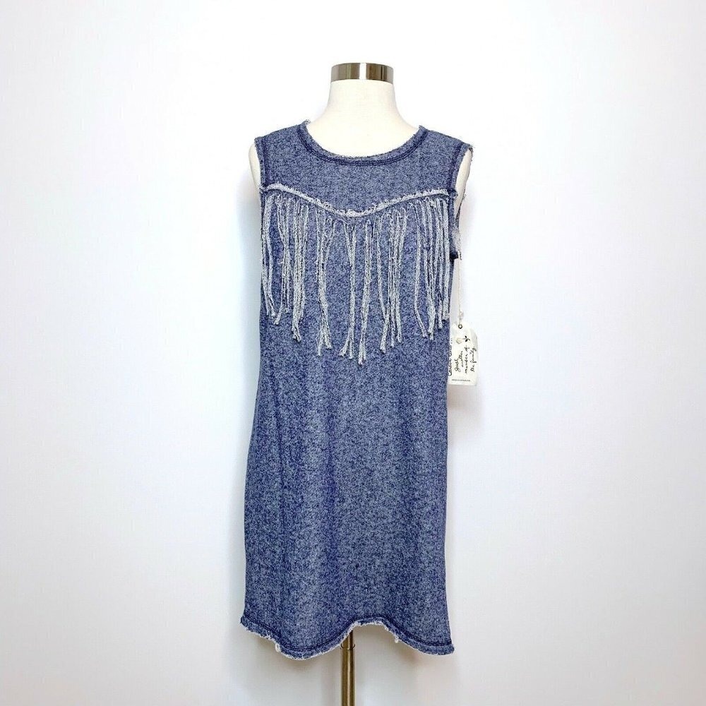 COUSIN EARL Dress Blue Terry Sleeveless S Fringe Chest‎ NWT Raw Hem Made in USA